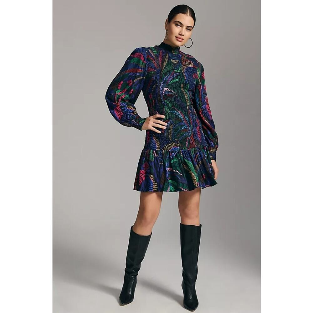 Anthropologie Farm Rio Smocked Long Sleeve Blue Pink Tropical Mini Dress Large